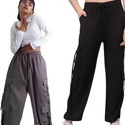 Women's Cargo Pants with 6 Pockets, Elastic Waist, Available in Combo Pack 2(Regular, Black,Dark Gray) (in, Alpha, M, Regular) image 1