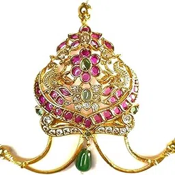 Traditional Gold-Plated Temple Puligoru Pendant, Pink and Green stone, Antique Floral Design, South Indian Jewellery-picture-19