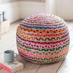 NEWWAYSS Bhuvan Handloom Jute Pouf ottomman forfootrest Seating Hand Knitted Cable Style Dori Pouf Floor Ottoman (Multi Color)-image-24