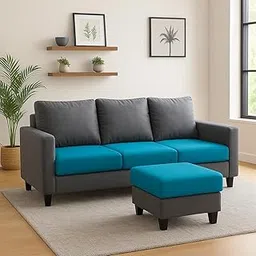 FURNY Arnold 3 Seater Fabric Sofa Set with Ottoman (Dark Grey-Aqua Blue) with Velvet Fabric | Durable Comfort | Ideal for Living Room-picture-15