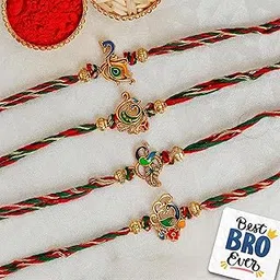 eCraftIndia Set of 4 Multicolor Designer Peacock Rakhis, Happy Rakhi Wooden Cutout with Roli Chawal Pack - Rakhi for Brother, Bhaiya, Bhai-picture-11