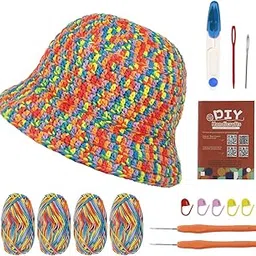 PATPAT Diy Crochet Hat Material Kit For Adults Beginners Diy Crochet Hat Material Kit With Variegated Cotton Yarns, Crochet Hooks, Needles, Diy Crochet Kit Diy Handmade Gift, Multicolor-image-77