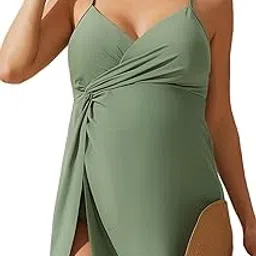 maacie Maternity One Piece Swimsuit Knotted Crisscross Swim Dress Split Hem Bathing Suit-picture-41