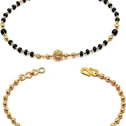 jhb Golden Gold-Plated Brass Bracelet 2 pis Combo for Women (Golden Bead Bracelet + Black Bead Hand Mangalsutra Bracelet)-picture-33