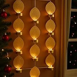 CraftVatika Tealight Candle Holder Set of 12, Diwali Decor Items, Wall Mounted Hanging Iron Leaf Design Tealight Candle Holder Stand Frame for Home Christmas Diwali Decoration Items, Wall Decor Items-picture-35