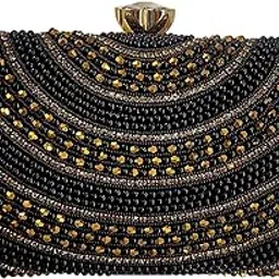 Vintage Evening Clutch Purse, Black Beaded with Gold Crystal Pattern, Metal Frame-image-2