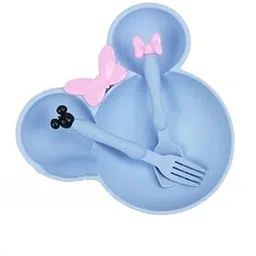Cute Cartoon Theme Eco-Friendly Wheat Straw Natural Bamboo Fibre Dinner Set for Kids, Toddlers & Babies 1 Plate, 1 Spoon and 1 Fork | Mickie Plate Set (Blue)-picture-37