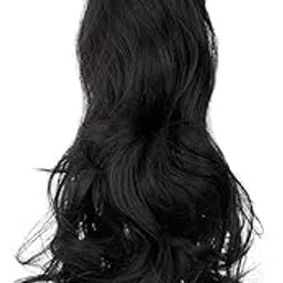 FESHFEN Drawstring Ponytails Hair Extension Natural Black 16 Inch Long Wavy Hair Piece Synthetic Ponytail Hair Bob Wig Ideal for Women Wedding and Other Function (Black) image 1