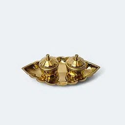 Hatekhori Brass Kumkum Chawal Holder | Traditional Sindoor & Haldi Box Set for Pooja | Double Lid Container on Leaf Plate | Made in ISKCON Mayapur (14.5 x 8 cm) image 1