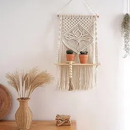 Urooz Pine Boho Macrame Shelf,Floating Boho Wall Shelf,Bathroom Shelf,Macrame Plant Shelf,Bathroom Decor,Hanging Shelf,Wall Boho Shelf,White-picture-34