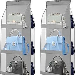 granth bag manufacturing india GBMI 2 Pcs Combo Oxbow 6 Pocket Bag Organiser for Wardrobe Purse Clutch Handbag Storage Organizer Bags Holder with Hanger, Ladies, Women, 90 X 35 X 35 Cm (Grey)-picture-17