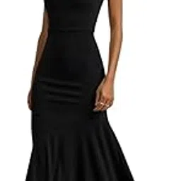 traquila Women's Black Maxi Dress | Boat Neck | Short, Cap Sleeves | Bodycon FIt | Casual-picture-39