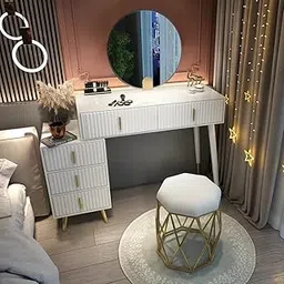 NG Decor, White Makeup Vanity with Nesting Stool Dressing Table with 5 Drawers (Mirror & Stool not Included)-image-17