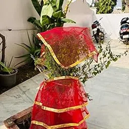 Traditional Red Tulsi Plant Dress Set with Gold Trim, Decorative Lehenga & Chunni for Tulasi Vivah, Festivals, Standard Size-image-23