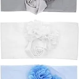 SYGA PACK OF 3 Baby Headbands Soft Nylon Fancy Flower Strechable Hairbands Newborn Infant Toddlers Kids 0-3 Year(Blue-White-Grey) image 1
