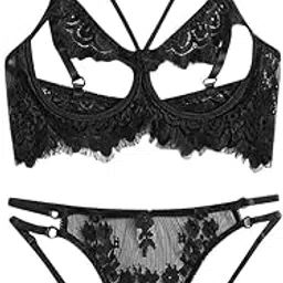 ujeavette Women Lace Bra Panty Rose Floral Pattern Halter Bodysuit for Honeymoon M-picture-43
