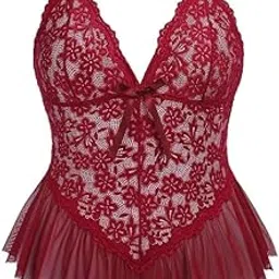 luvreena Babydoll Lingerie for Women Lace Bodysuit One Piece Teddy Babydoll Mesh Chemise V Neck Sleepwear with G-String Panty-picture-10