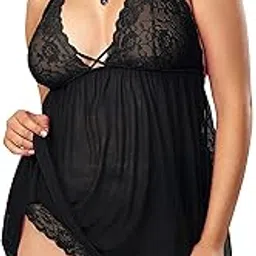 xs and os Women's Polyester Spandex Mix & Lace Solid Midi Babydoll Lingerie with Panty-picture-13