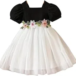 niren enterprise Baby Girl Frock - Short Sleeve Embroidered Floral Dress with Belt, Square Neck, 1-Pack-picture-11