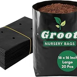 Groot Nursery Bags for Plants (Large, 16 x 16 Inches, Pack of 20, Black) UV Protected Poly Grow Bag Plastic Plant Bag for Home Gardening – Reusable & Durable for Home & Commercial Use-image-0