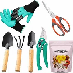 Gardening Tools Kit-7 Pcs (Gloves with Claws, Cultivator, Big Trowel, Small Trowel, Garden Pruner, Garden Scissor, Flower Seeds Packet) image 1