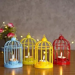 eCraftIndia Set of 4 Blue Green Yellow Red Iron Cage Shaped Hanging Tea Light Candle Holders - Tea Light Holders - T Light Candle Holders - Diwali Decoration Items for Home Decor - Gift for Diwali-picture-13