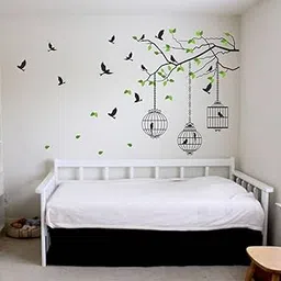 Rangeele Pvc Vinyl 3D Tree Branches With Leaves Birds And Cages'' Wall Sticker Multi (60 Cm X 38 Cmself-Adhesive, Wall, 1 Cms)-picture-45