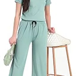 vogaan Women's Summer 2 Piece Co-Ord Set for Women Casual Short Sleeve Crop Top Wide Leg Sweat Pants for Travel Vacation Outfits Lounge Sets-picture-22