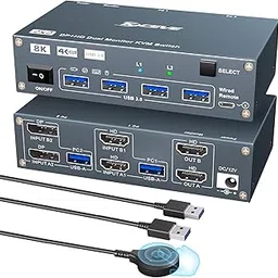 HDMI Displayport KVM Switch 2 Monitors 2 Computers 8K@60Hz 4K@144Hz, Auminum KVM Switch with 4 USB3.0 Ports for 2 PC Share Dual Monitor Keyboad Mouse Printer, 2 USB Cables and Controller Included-picture-38