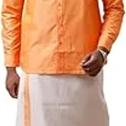 ramraj cotton Men Cotton Blend Orange Full Sleeve Shirt and Tissue Dhoti Set -F42-picture-20