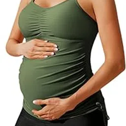 maacie Maternity Athletic Tankini Swimsuits Two Piece Floral Print Ruched Tops with Shorts, Army Green Solid, Large-picture-30
