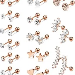 14 Pairs Stainless Steel Ear Cartilage Piercing Earrings Helix Tragus Barbell for Women Men Moon Star Heart Flower CZ Stackable Cartilage Earrings Set Silver-tone Rose Gold-tone Rose Gold-tone-image-38