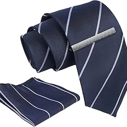 axlon Tie for Men – Striped Silk Neck Ties Set with Cufflinks Flower Pin, Pocket Square & Black Gift Box, Combo Necktie Sets for Office Wear, Formal Suits & Weddings (Deep Navy Blue, NXSMX_105)-picture-40