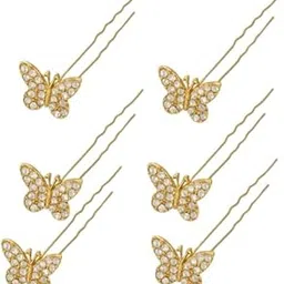 vrindavanstore.in Butterfly Hair Juda Pin Set of 6 for Women & Girls | Elegant Golden Bridal Hair Accessory | Crystal Stone Bun Pins for Party, Wedding & Festive Hairstyle-picture-33