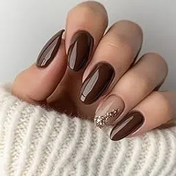 Set Of 14Pc, Press-Ons Glossy Brown Press-On Nails with Gold Rhinestones, Short Round Shape, Nail Extensions With Free Glue Kit-picture-48