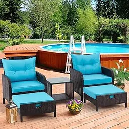 DEVOKO 5 Piece Patio Outdoor Wicker Rattan Conversation Set with Ottoman & Table, for Garden, Patio, Balcony, Beach (Dark Brown & Sky Blue)-picture-19