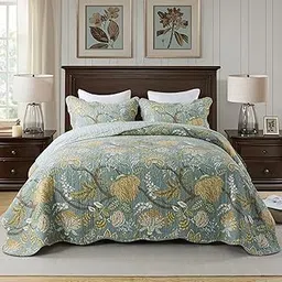 Travan 3-Piece Quilt Set Quilted Bedspread Lightweight Coverlet Set Floral Printed Oversized Quilted Bedding Set with Shams for All Season, Green Vine, Queen Size-picture-16