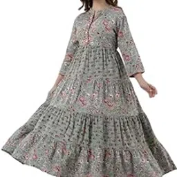 Women's Floral Print Rayon Maxi Dress, Flowers, 3/4 Sleeves, Tiered Design, Ankle Length-picture-16