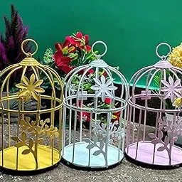 SIRAAJ&SONS™ Decors Bird Sparrow Big Metal Cage Round for Flower Decoration theam Party Decorations Tea Lights Decoration Indoor Outdoor Decoration Pack of 3 (White,Yellow,Pink)-picture-19
