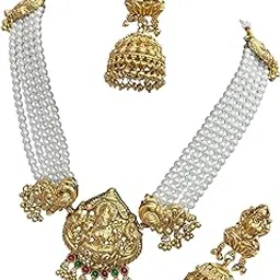 KGRSplash White color Pearls Peacock and Lakshmi Design NEcklace With Earrings-picture-28