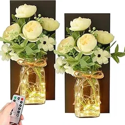 TIED RIBBONS 2 Pcs Wall Sconces with Glass Jar Vase and Artificial Flowers Remote Control LED Lights Wall Decoration Items for Living Room Home Decor Indoor Outdoor Wall Hanging (30.4 cm x 12.4 cm)-picture-31