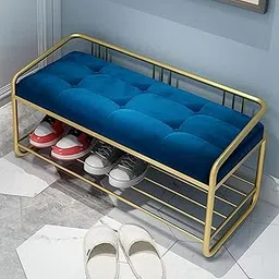 FLIPSSHOPPEE Ottoman Bench, Velvet-Covered Wrought Iron Shoe Rack Space-Saving, Metal Ottoman Rack with Cushioned Seat for Entryway, Bedroom, Closet, and Living Room [Blue]-picture-28
