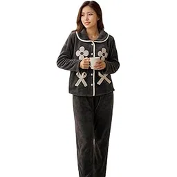 Korean Style Winter Night Suit Women's Plush Pajama Set, Peter Pan Collar, Button-Up Long Sleeve Top and Pants, Bow Detail, Sleepwear Fleece Night Suit for Women L-picture-27