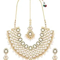 zaveri pearls Gold Tone Dazzling Stones & Beads Embellished Bridal Necklace Earring & Maangtikka Set For Women-ZPFK21640-picture-32