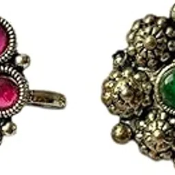 aaiku Combo Antique Maharashtrian Nath | Traditional Oxidized Silver Nose Ring with Red & Green Stones | Pressing Style Bridal Nose Ring for Women image 1