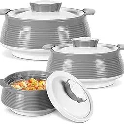 MILTON Venice Double Walled Inner Stainless Steel Serving Casserole Set of 3 (450 ml, 850 ml, 1350ml), PU Insulated Kitchen Hot Pot, Keeps Food hot & Fresh for Roti, Biryani, Grey image 1