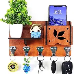 Ambvin Stylish Wood Key Holder with Mobile Charging Wall Mounted Stand & Cloth Hanger for Home & Office Decoration , Pack of 1 Beige image 1