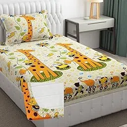 SchaleSaius® Premium Cotton-Blend Elastic Fitted Single Bedsheet with 1 Pillow Cover for Single Bed with All Around Elastic 270 Soft | Size - 72X36X6 Fit Upto 6 Inches Mattress Color Giraffe image 1