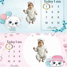 Hoolloomooloo Baby Monthly Milestone Blanket Pack of 2 | Kitty Balloon & Kitty Car Design | 15 Cards + 2 Golden Rings | 1-12 Months Photoshoot Prop Blanket for Baby Boys & Girls (90x120 cm)-picture-36