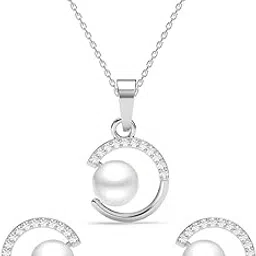 clara 925 Sterling Silver Zola Real Pearl Pendant Earrings Chain Necklace Jewellery Set | Platinum Plated, Swiss Zirconia |Gift for Women and Girls-picture-55